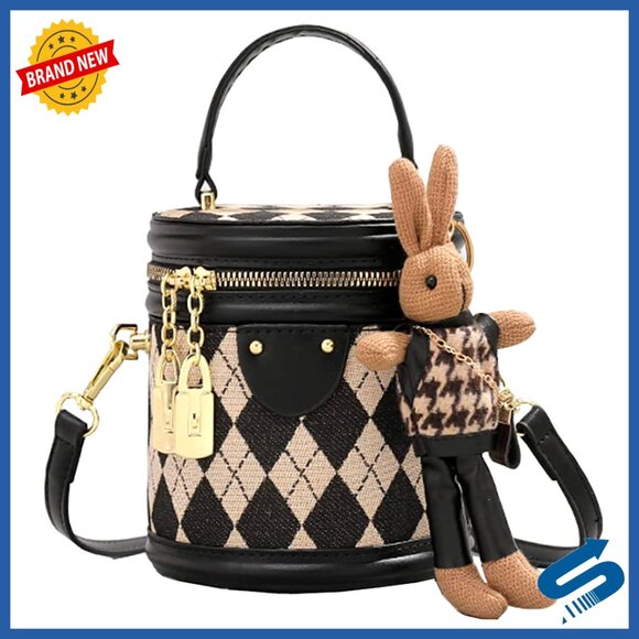 Handbags - Quilted Faux Leather Satchel Crossbody Bag with Bunny Pendant